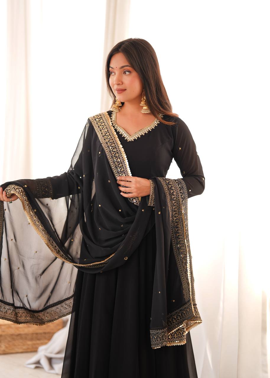 Black Georgette Anarkali Suit with Heavy Embroidered Dupatta
