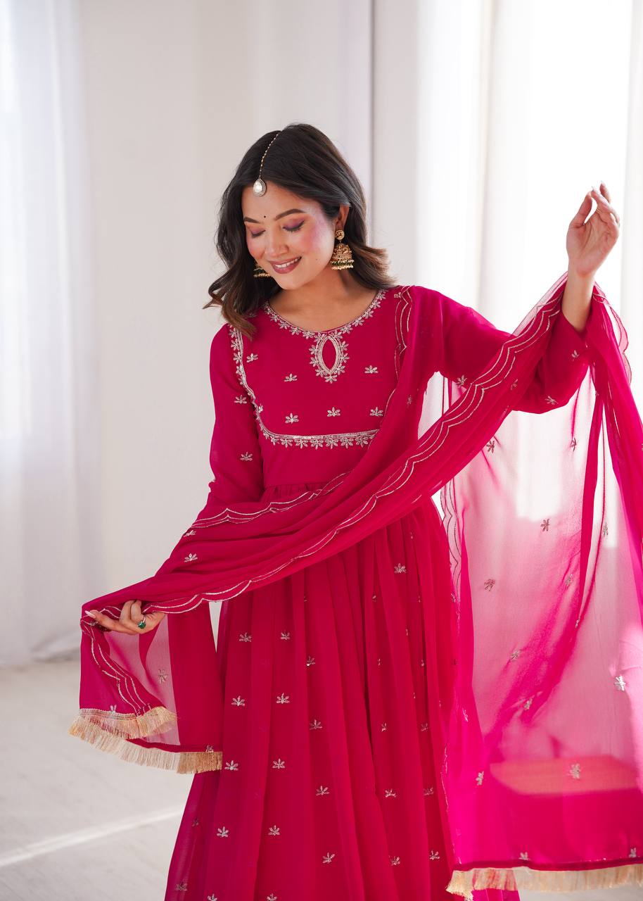 Pink Georgette Embroidered Kurta Set