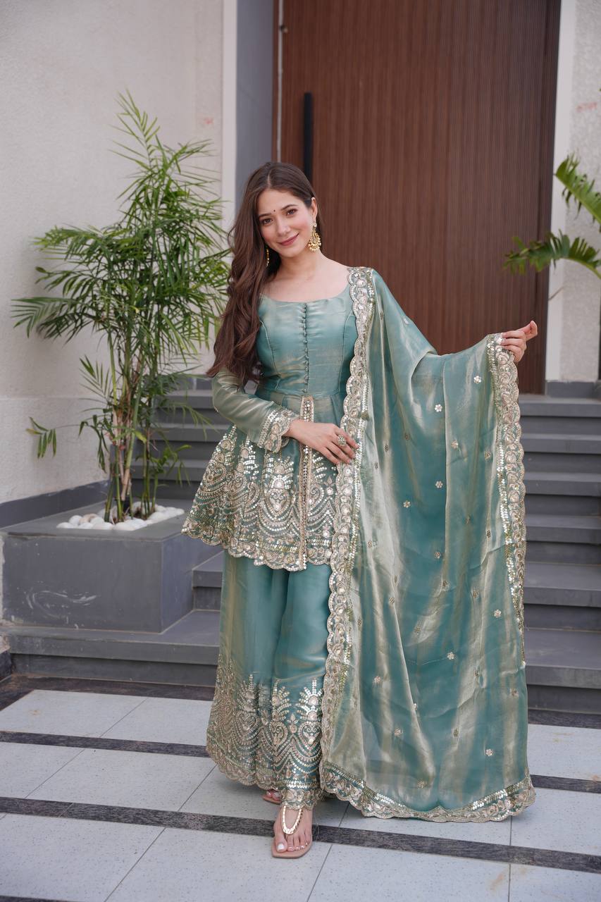 Chandra  Fendy Satin Silk Embroidery Sharara Suit