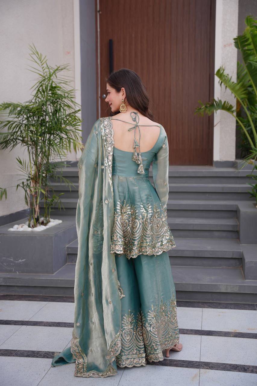 Chandra  Fendy Satin Silk Embroidery Sharara Suit