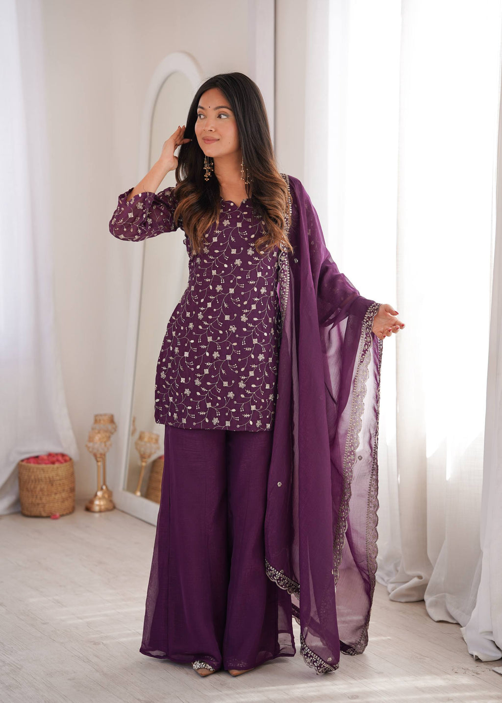 Purple Crunchy Silk Fabric With Embroidery Sharara Set