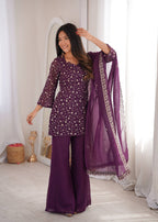 Purple Crunchy Silk Fabric With Embroidery Sharara Set