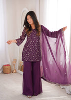 Purple Crunchy Silk Fabric With Embroidery Sharara Set