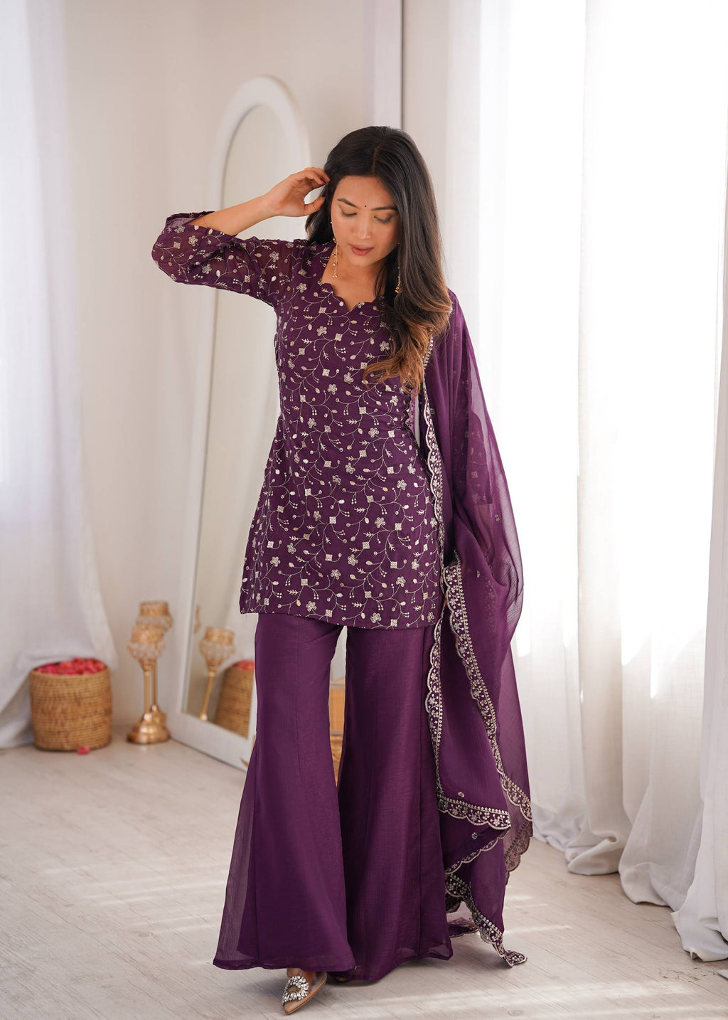 Purple Crunchy Silk Fabric With Embroidery Sharara Set