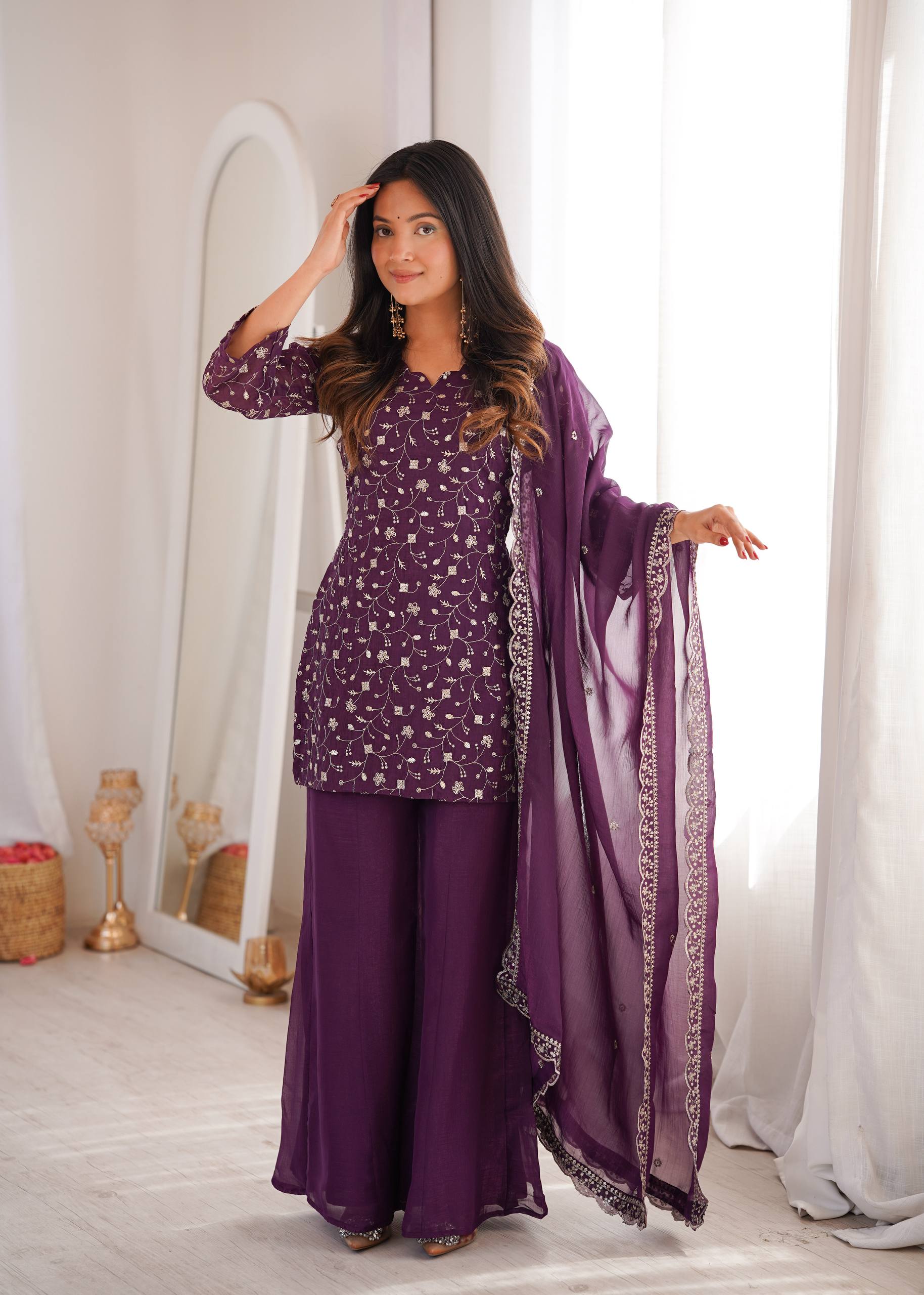 Purple Crunchy Silk Fabric With Embroidery Sharara Set