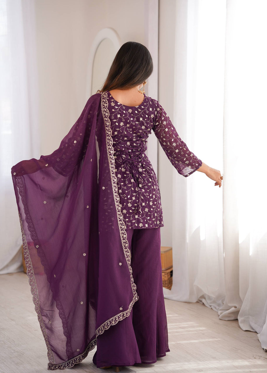 Purple Crunchy Silk Fabric With Embroidery Sharara Set