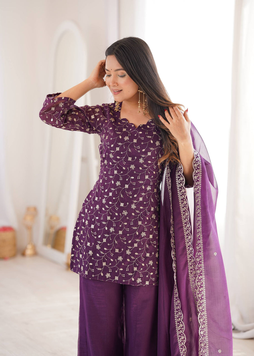 Purple Crunchy Silk Fabric With Embroidery Sharara Set