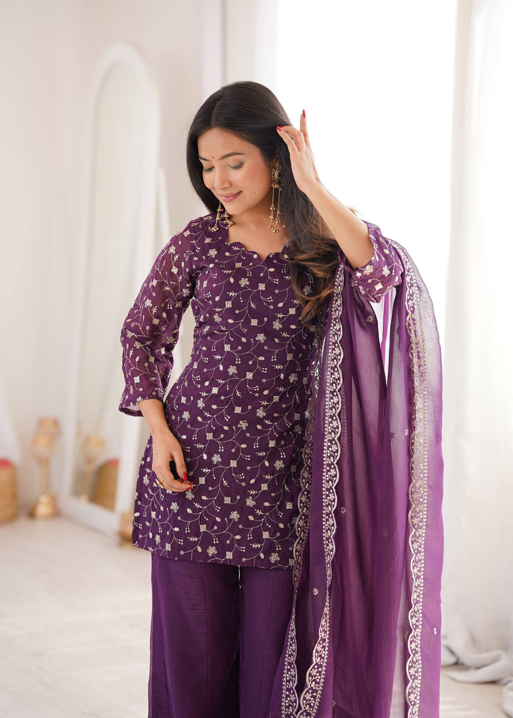 Purple Crunchy Silk Fabric With Embroidery Sharara Set