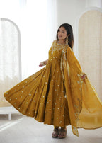 Mustard Roman Embroidery Work Suit Set