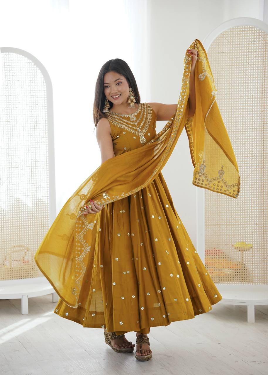 Mustard Roman Embroidery Work Suit Set