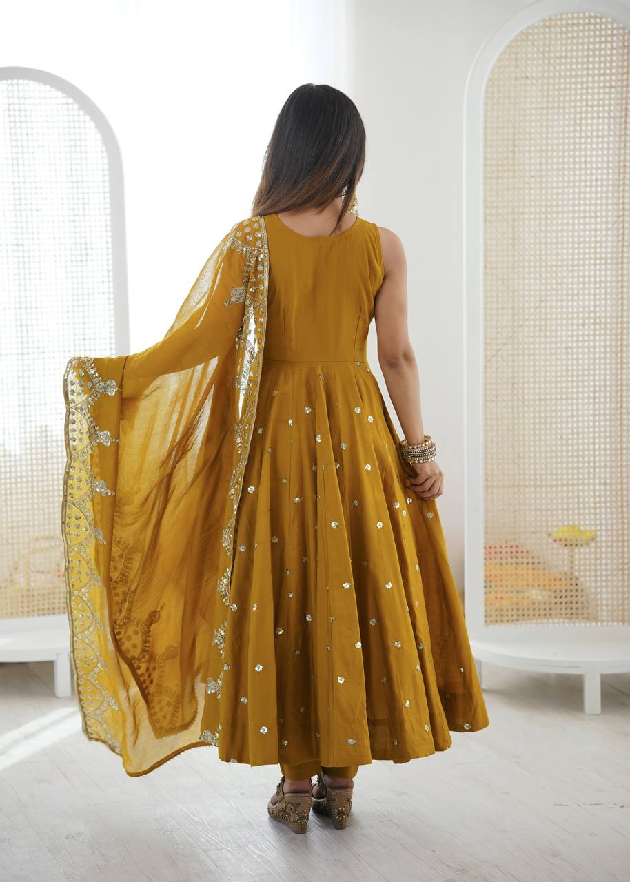 Mustard Roman Embroidery Work Suit Set