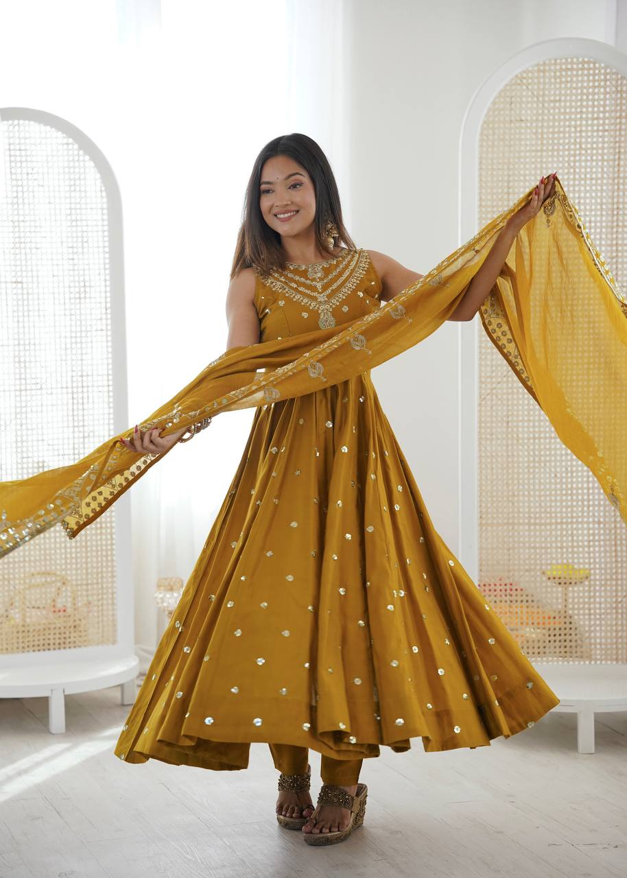 Mustard Roman Embroidery Work Suit Set