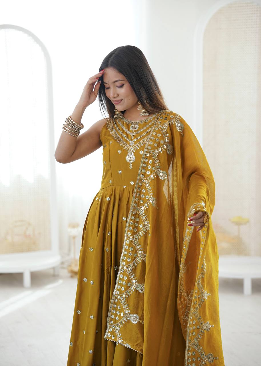 Mustard Roman Embroidery Work Suit Set