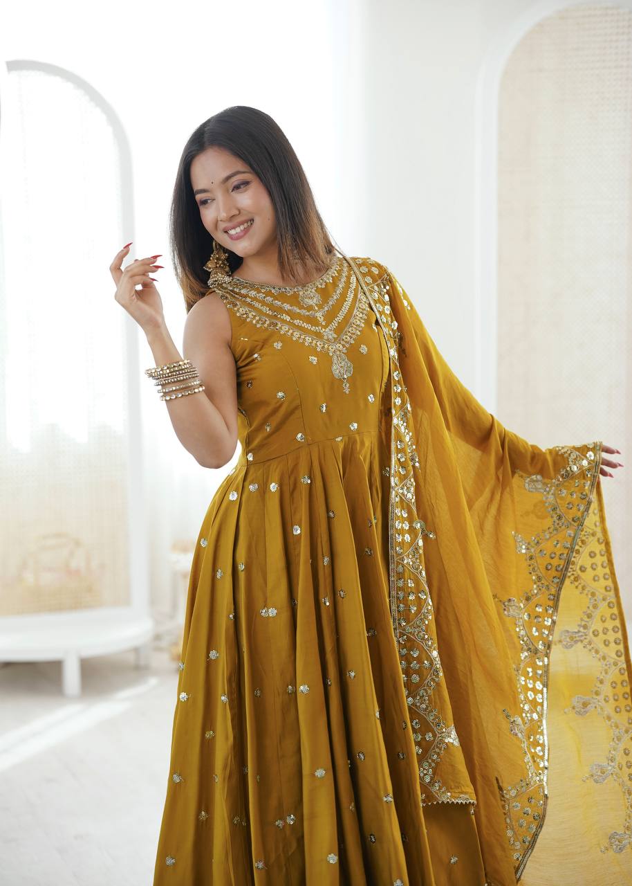 Mustard Roman Embroidery Work Suit Set