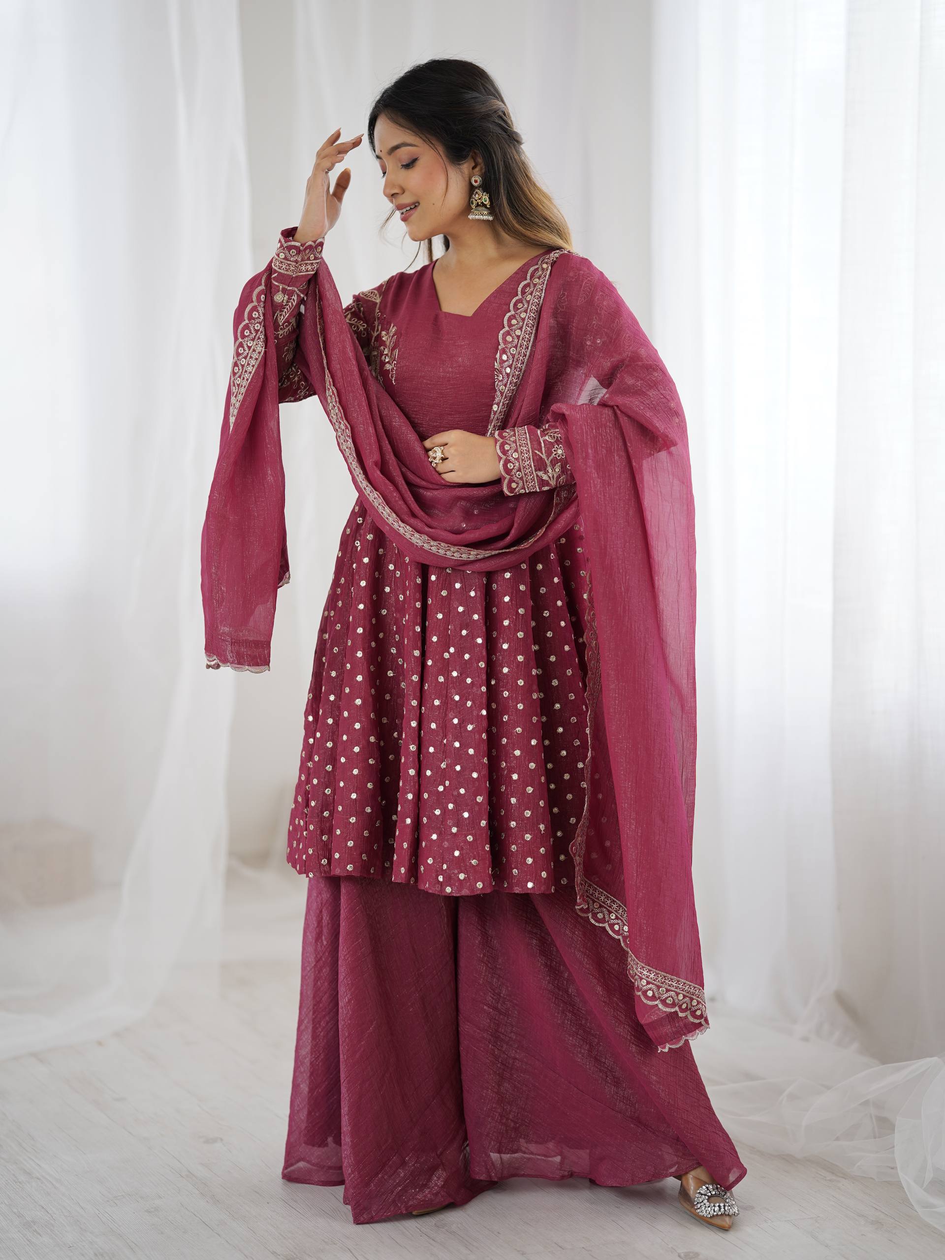 Peach Crunchy Silk Sharara Set