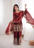 Chandra Fendy Satin Silk Embroidery Sharara Suit (Maroon)