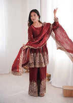 Chandra Fendy Satin Silk Embroidery Sharara Suit (Maroon)