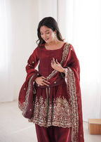 Chandra Fendy Satin Silk Embroidery Sharara Suit (Maroon)