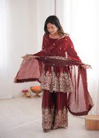 Chandra Fendy Satin Silk Embroidery Sharara Suit (Maroon)