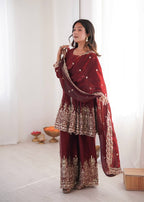 Chandra Fendy Satin Silk Embroidery Sharara Suit (Maroon)