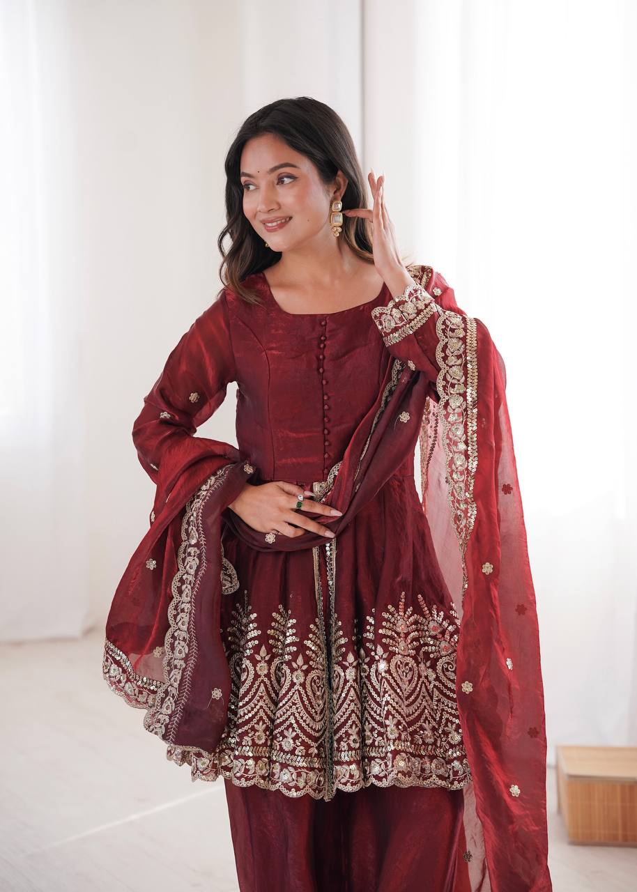 Chandra Fendy Satin Silk Embroidery Sharara Suit (Maroon)