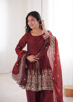 Chandra Fendy Satin Silk Embroidery Sharara Suit (Maroon)