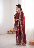 Chandra Fendy Satin Silk Embroidery Sharara Suit (Maroon)