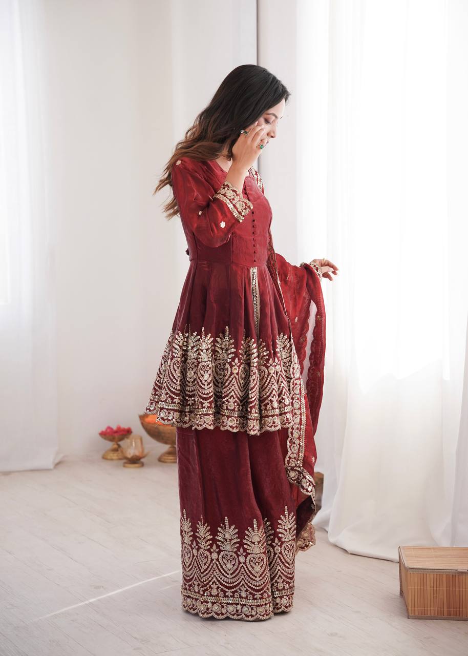 Chandra Fendy Satin Silk Embroidery Sharara Suit (Maroon)