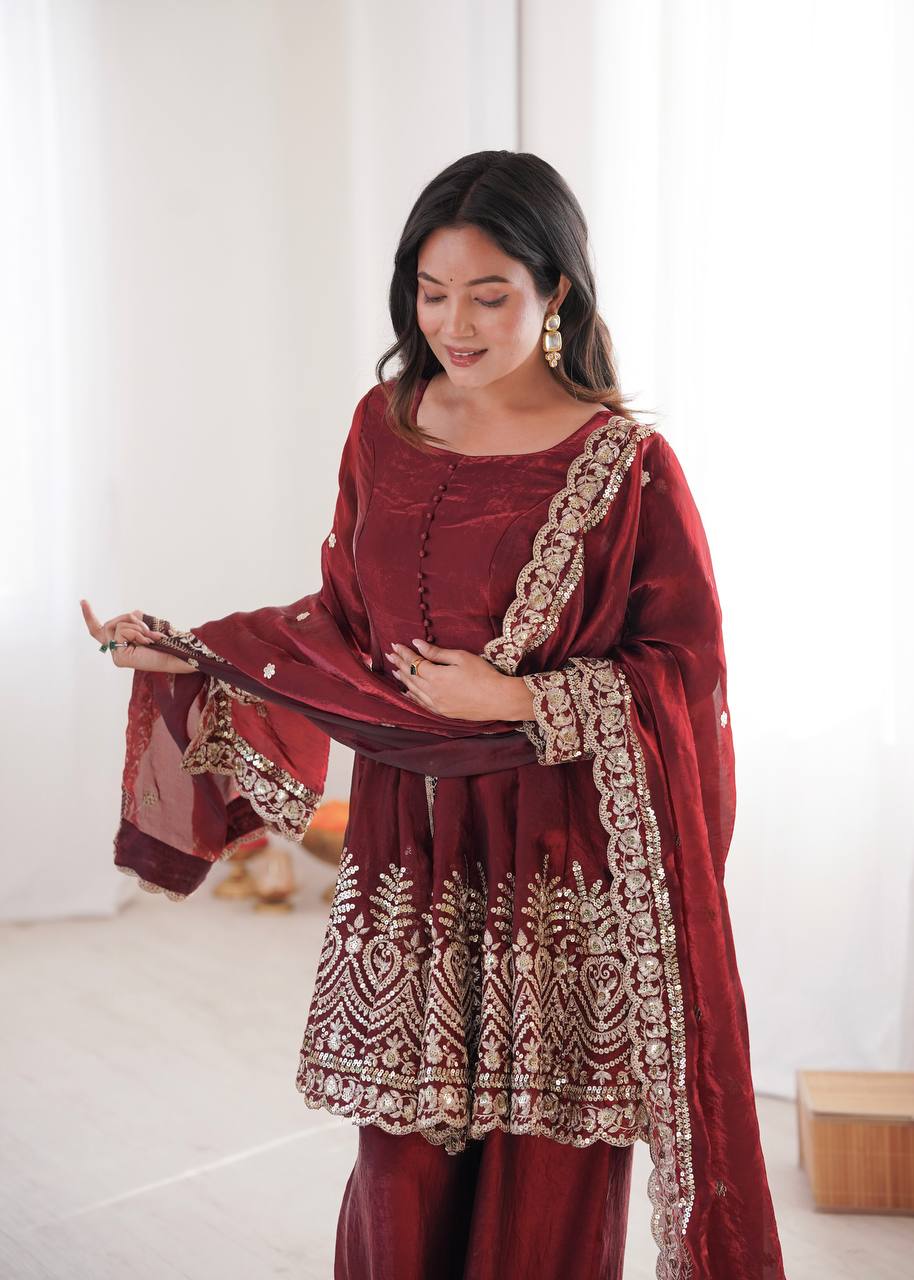 Chandra Fendy Satin Silk Embroidery Sharara Suit (Maroon)