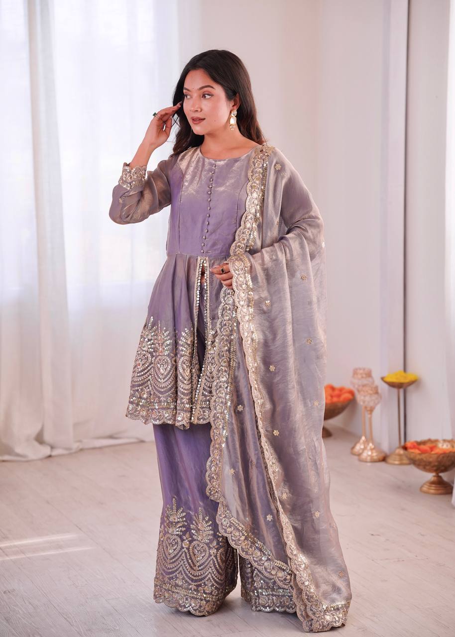 Chandra Fendy Satin Silk Embroidery Sharara Suit (Lavender)