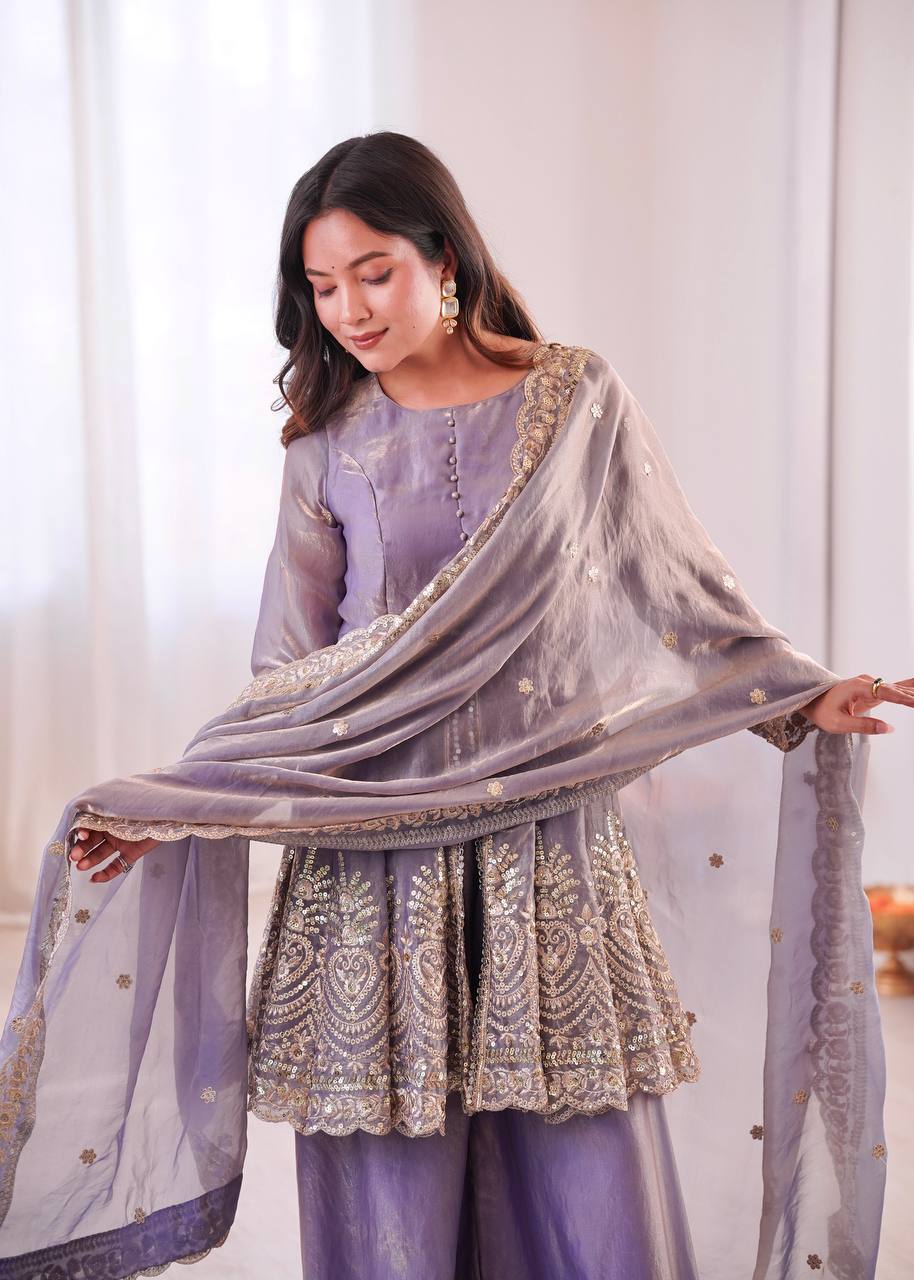 Chandra Fendy Satin Silk Embroidery Sharara Suit (Lavender)