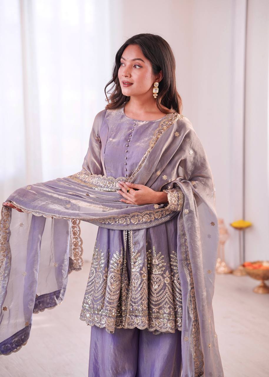 Chandra Fendy Satin Silk Embroidery Sharara Suit (Lavender)