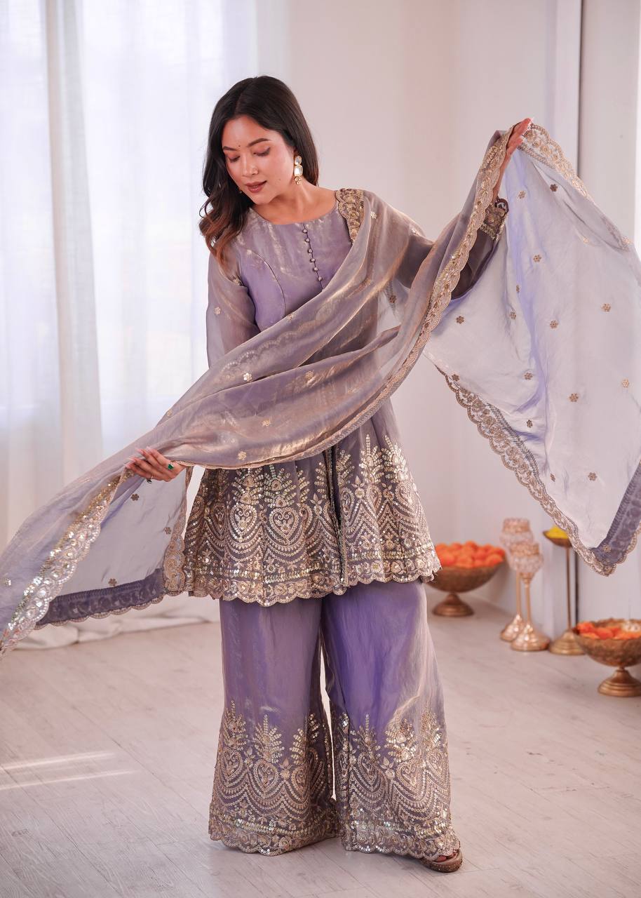 Chandra Fendy Satin Silk Embroidery Sharara Suit (Lavender)