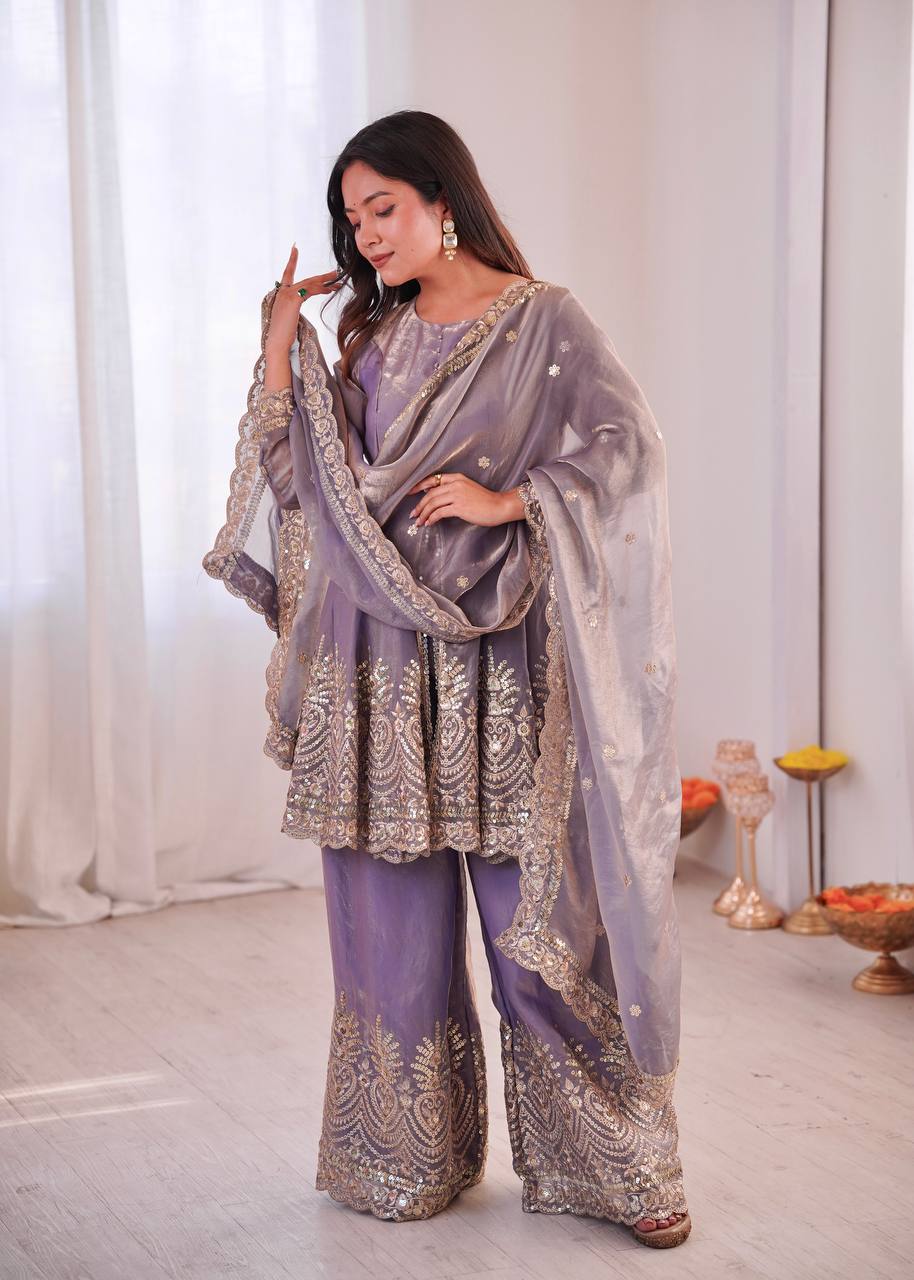 Chandra Fendy Satin Silk Embroidery Sharara Suit (Lavender)