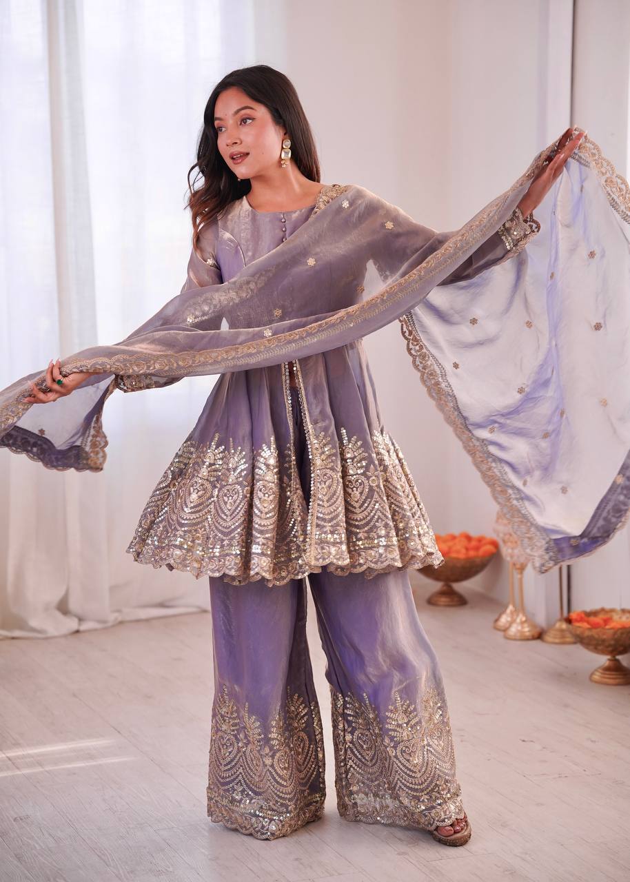 Chandra Fendy Satin Silk Embroidery Sharara Suit (Lavender)
