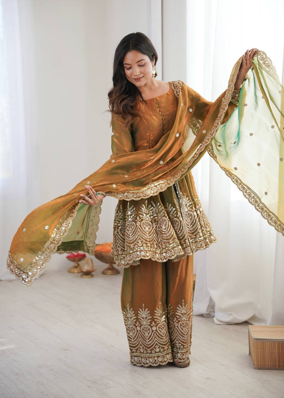 Chandra Fendy Satin Silk Embroidery Sharara Suit (Golden)