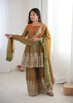 Chandra Fendy Satin Silk Embroidery Sharara Suit (Golden)