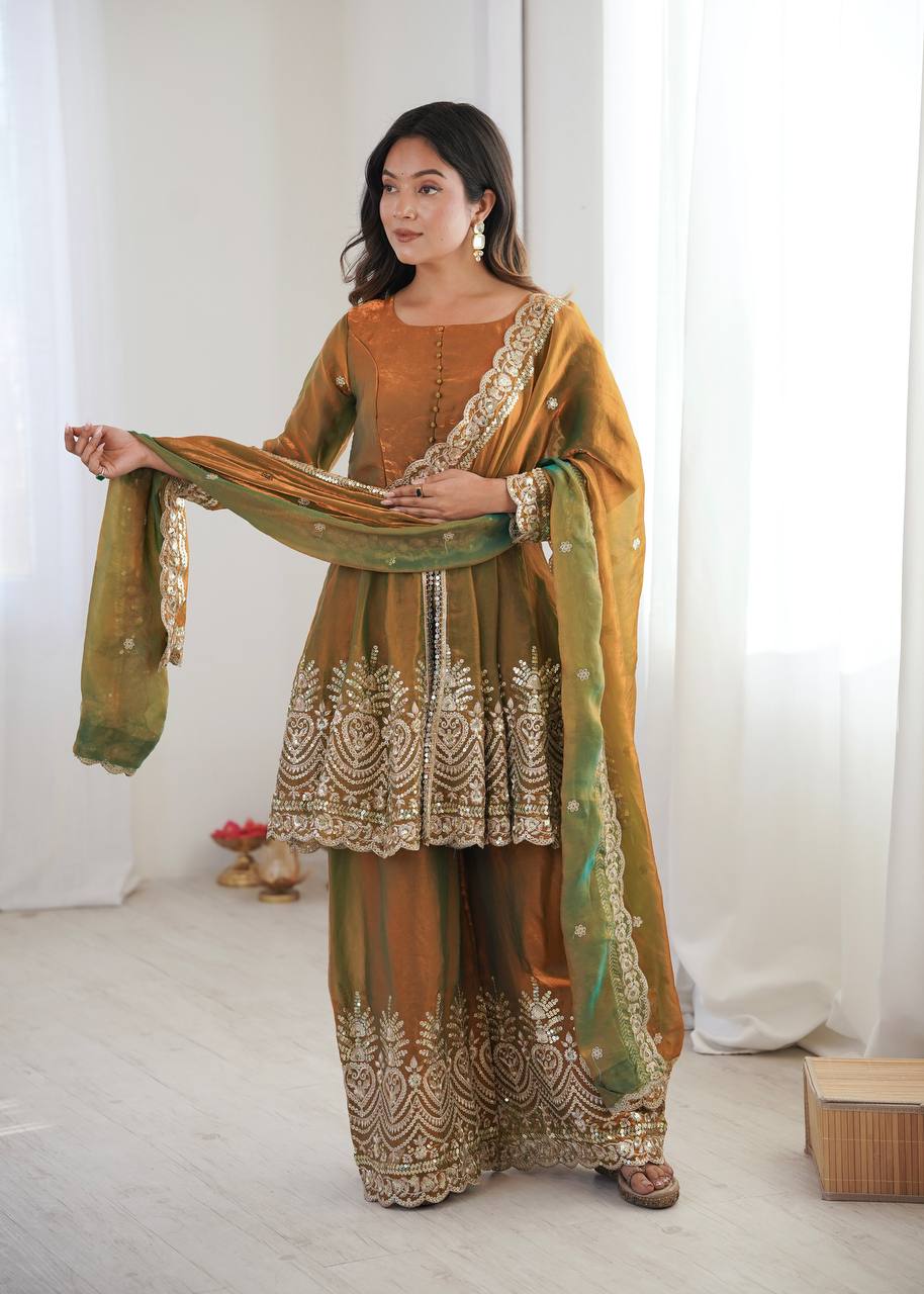 Chandra Fendy Satin Silk Embroidery Sharara Suit (Golden)