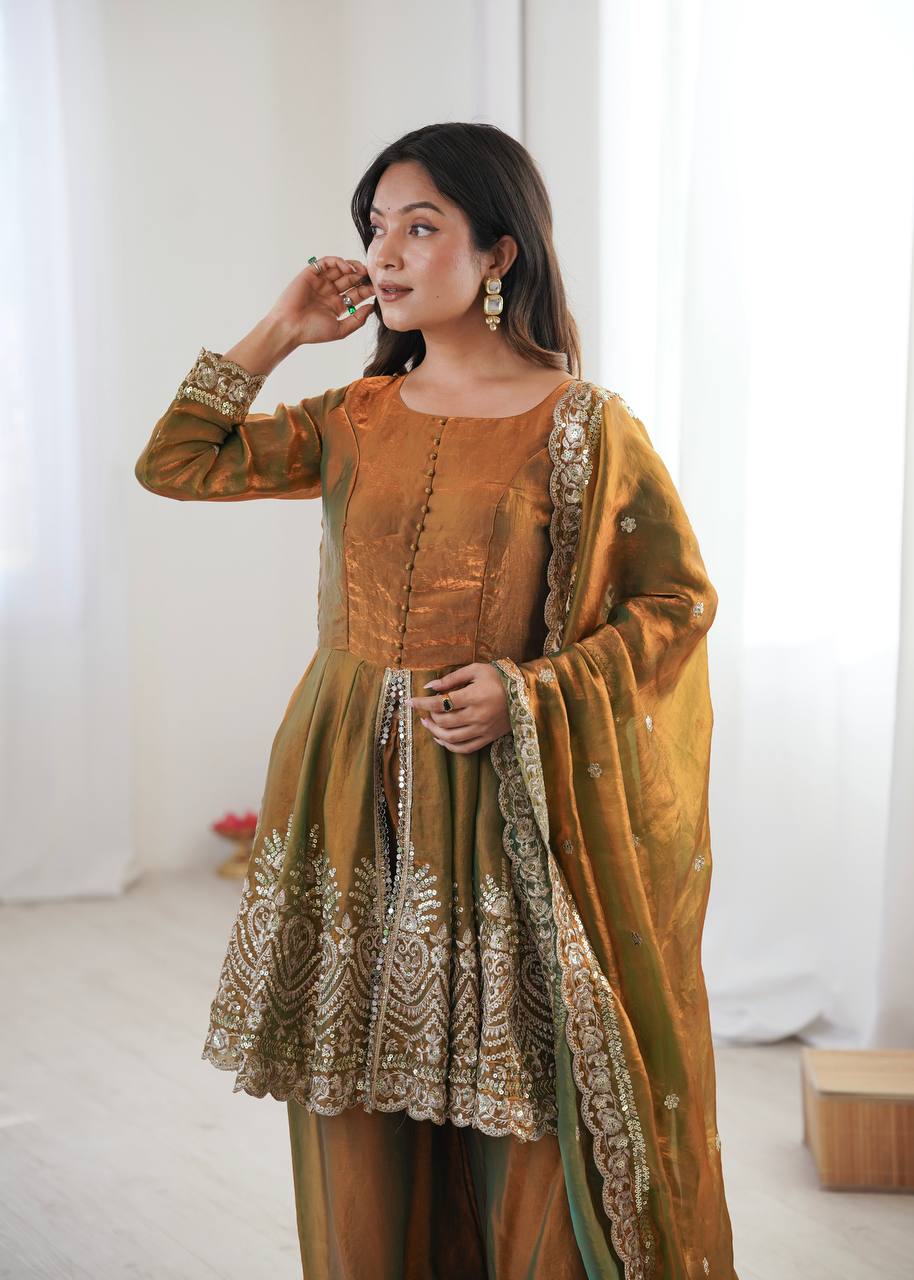 Chandra Fendy Satin Silk Embroidery Sharara Suit (Golden)