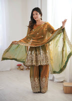 Chandra Fendy Satin Silk Embroidery Sharara Suit (Golden)