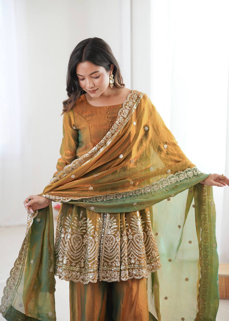 Chandra Fendy Satin Silk Embroidery Sharara Suit (Golden)