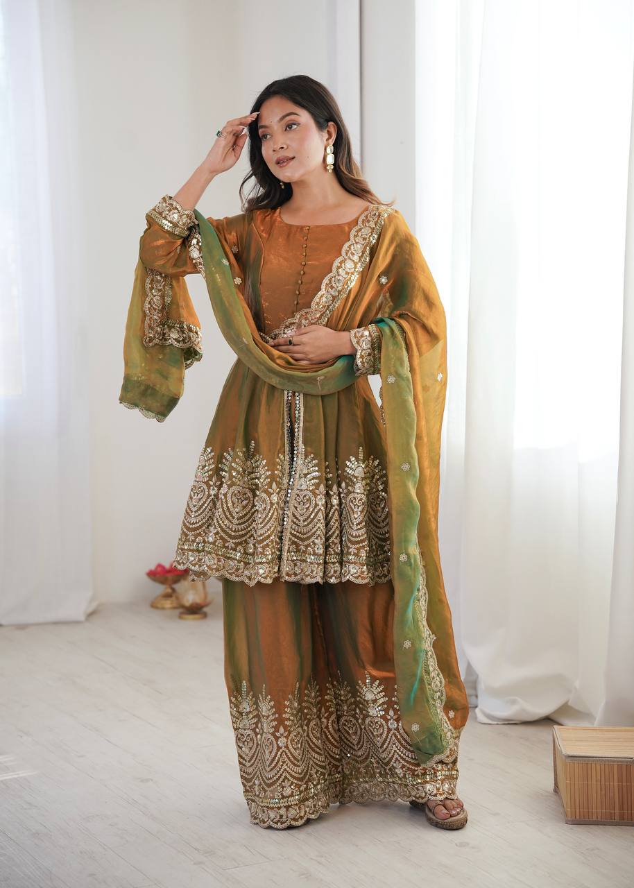 Chandra Fendy Satin Silk Embroidery Sharara Suit (Golden)