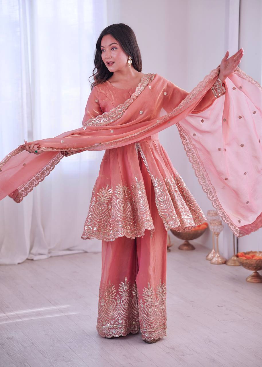Chandra Fendy Satin Silk Embroidery Sharara Suit (Peach)