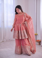 Chandra Fendy Satin Silk Embroidery Sharara Suit (Peach)