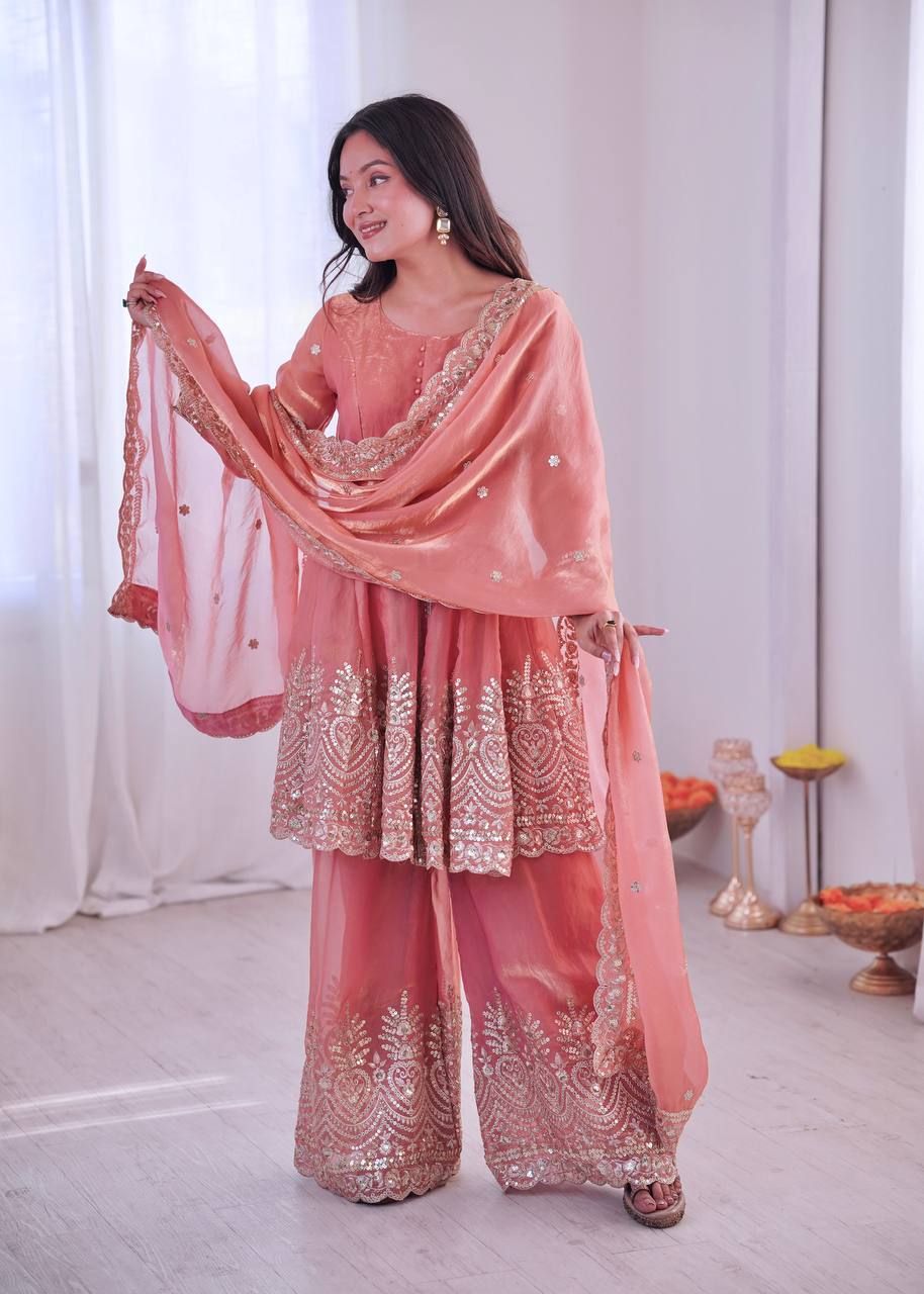Chandra Fendy Satin Silk Embroidery Sharara Suit (Peach)