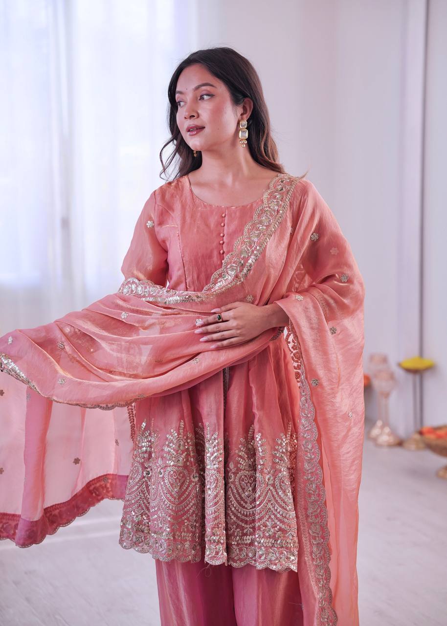 Chandra Fendy Satin Silk Embroidery Sharara Suit (Peach)