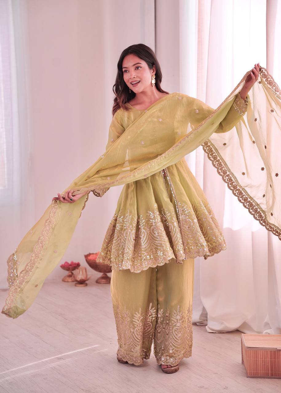 Chandra Fendy Satin Silk Embroidery Sharara Suit (Olive Green)