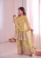 Chandra Fendy Satin Silk Embroidery Sharara Suit (Olive Green)
