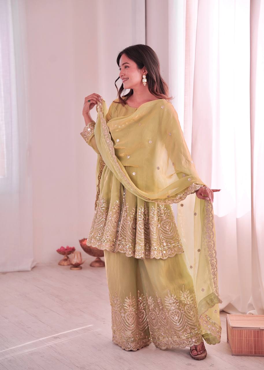 Chandra Fendy Satin Silk Embroidery Sharara Suit (Olive Green)