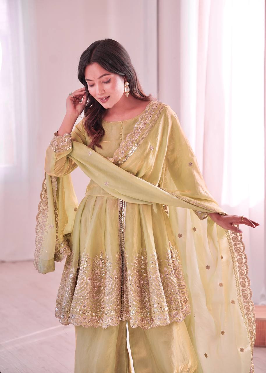 Chandra Fendy Satin Silk Embroidery Sharara Suit (Olive Green)